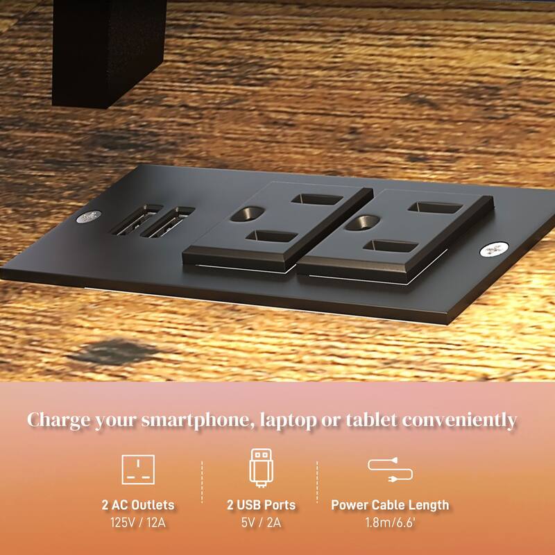 Modern Computer Gaming Desk with LED Lights and Power Outlets and Storage Shelves for Home Office or Bedroom