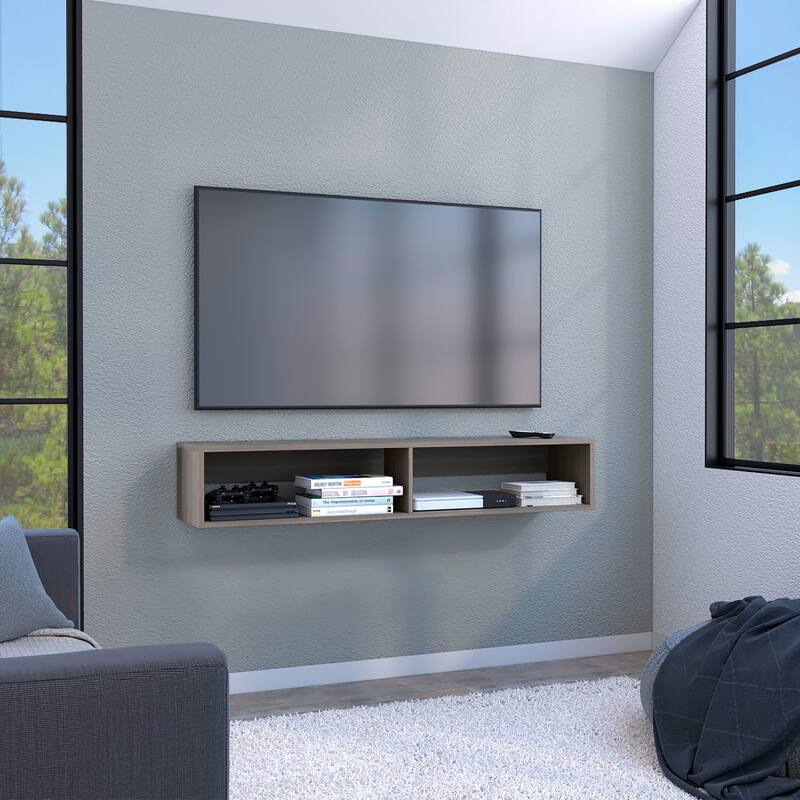 Modern Wall-Mounted TV Console with Dual Shelves & Cable Management, Ideal for Small Spaces - Light Grey