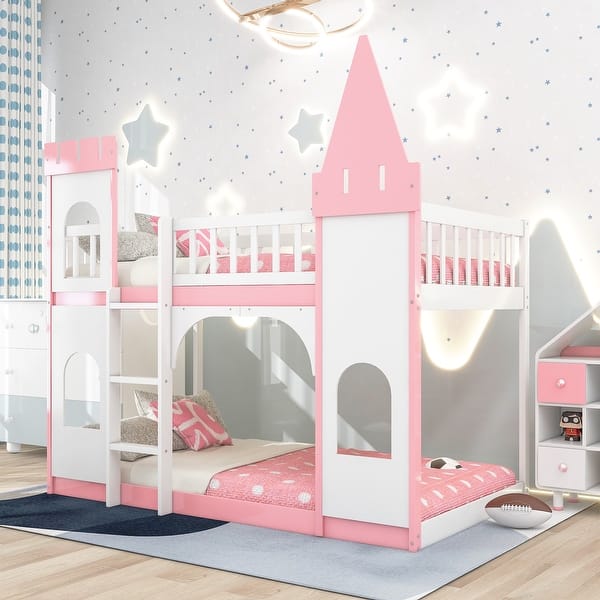 slide 2 of 11, Wooden Twin Over Twin Castle Bunk Bed with Ladder, Guardrails and Ladder Pink