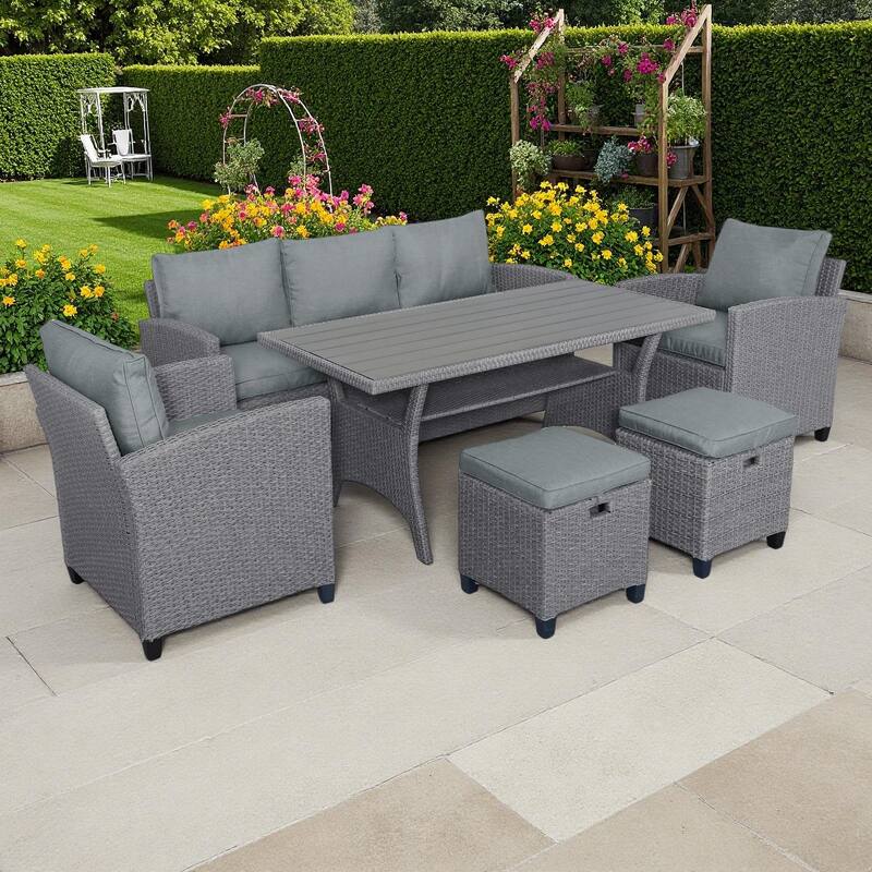 6-Piece Outdoor Patio Rattan Sofa Set with Dining Table, Chair, and Stools - Gray