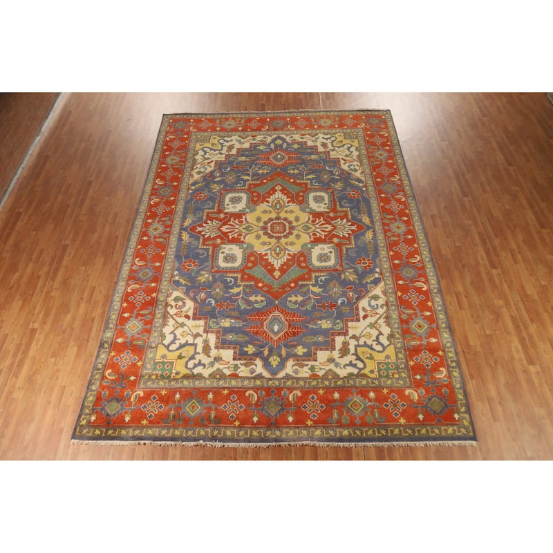 Hand Knotted Oriental 100% Wool Carpet Traditional Medallion Navy Blue & Blues Heriz (serapi) Area Rug - 14' 1'' X 9' 11''