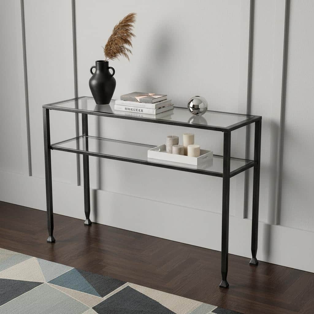 HomeRoots 43" Clear and Black and Silver Glass Distressed Console Table With Storage - 42.50 in. x 30.00 in. x 14.50 in.
