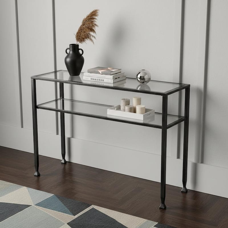 HomeRoots 43" Clear and Black and Silver Glass Distressed Console Table With Storage - 42.50 in. x 30.00 in. x 14.50 in. - Clear