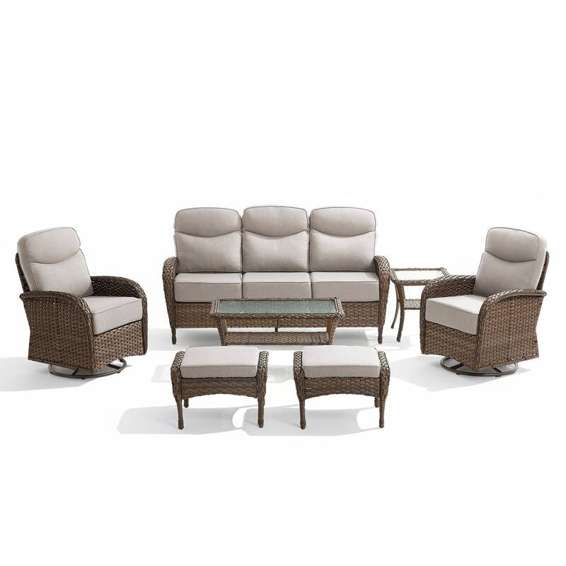 Meyreso 7-Piece Wicker Patio Conversation Set with Swivel Gliders and 6-Inch Thick Olefin Cushions