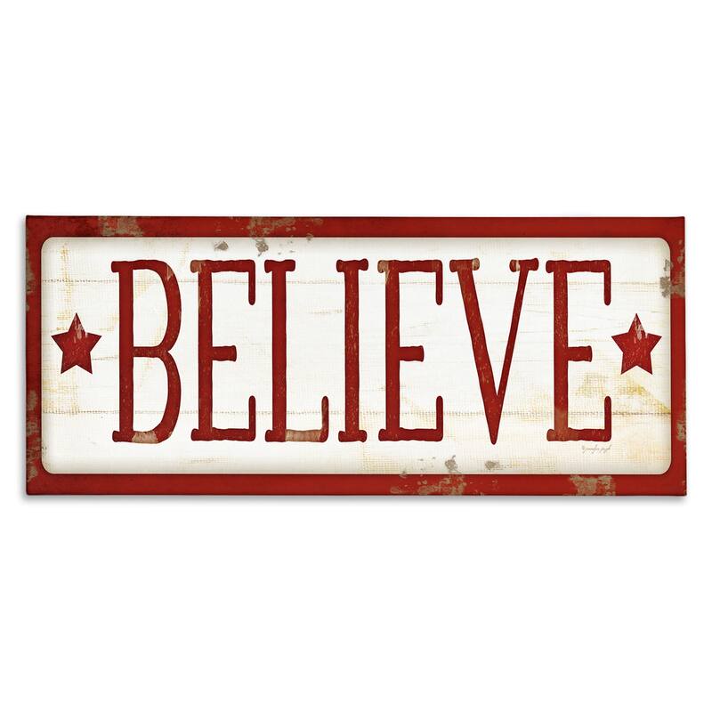 Stupell Believe Sign Red Christmas Holiday Word Design Canvas Wall Art, Proudly Made in USA - 24 x 10
