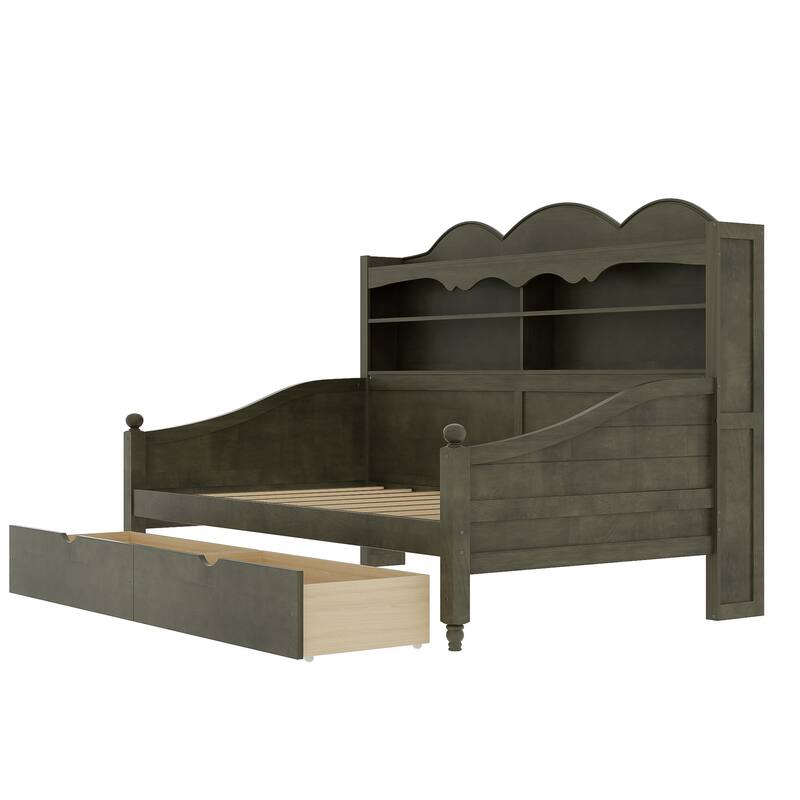 Twin Daybed with Storage Drawers and Headboard Shelving Wooden Frame