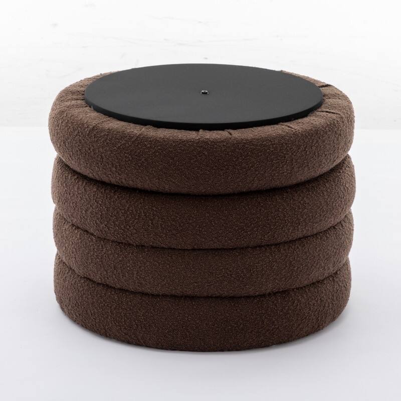 Boucle Fabric Storage Round Ottoman Footstool With Wooden Shelving