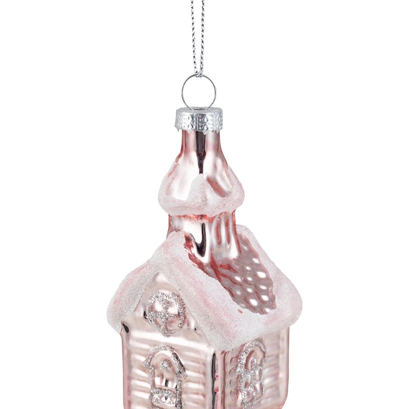 3.25" Snow Covered Pink Church Glass Christmas Ornament
