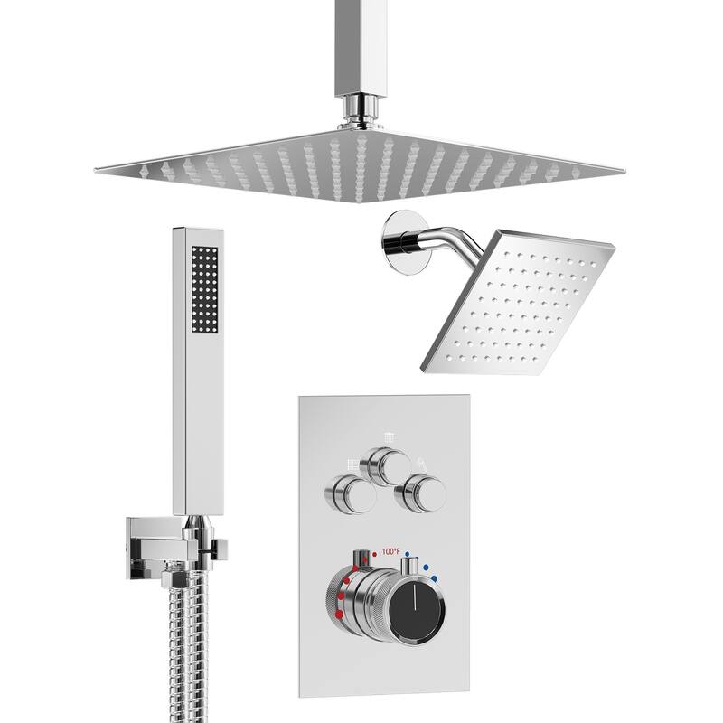 GRANDJOY Dual Shower Heads System 12" & 6" Rainfall Shower Head with Handheld Sprayer - Chrome