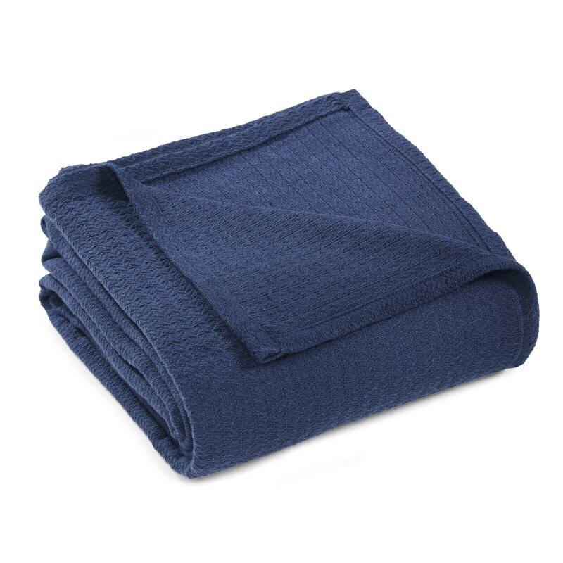 Twin Size Modern Waffle Blanket Cotton Textured Solid Design - Navy Blue