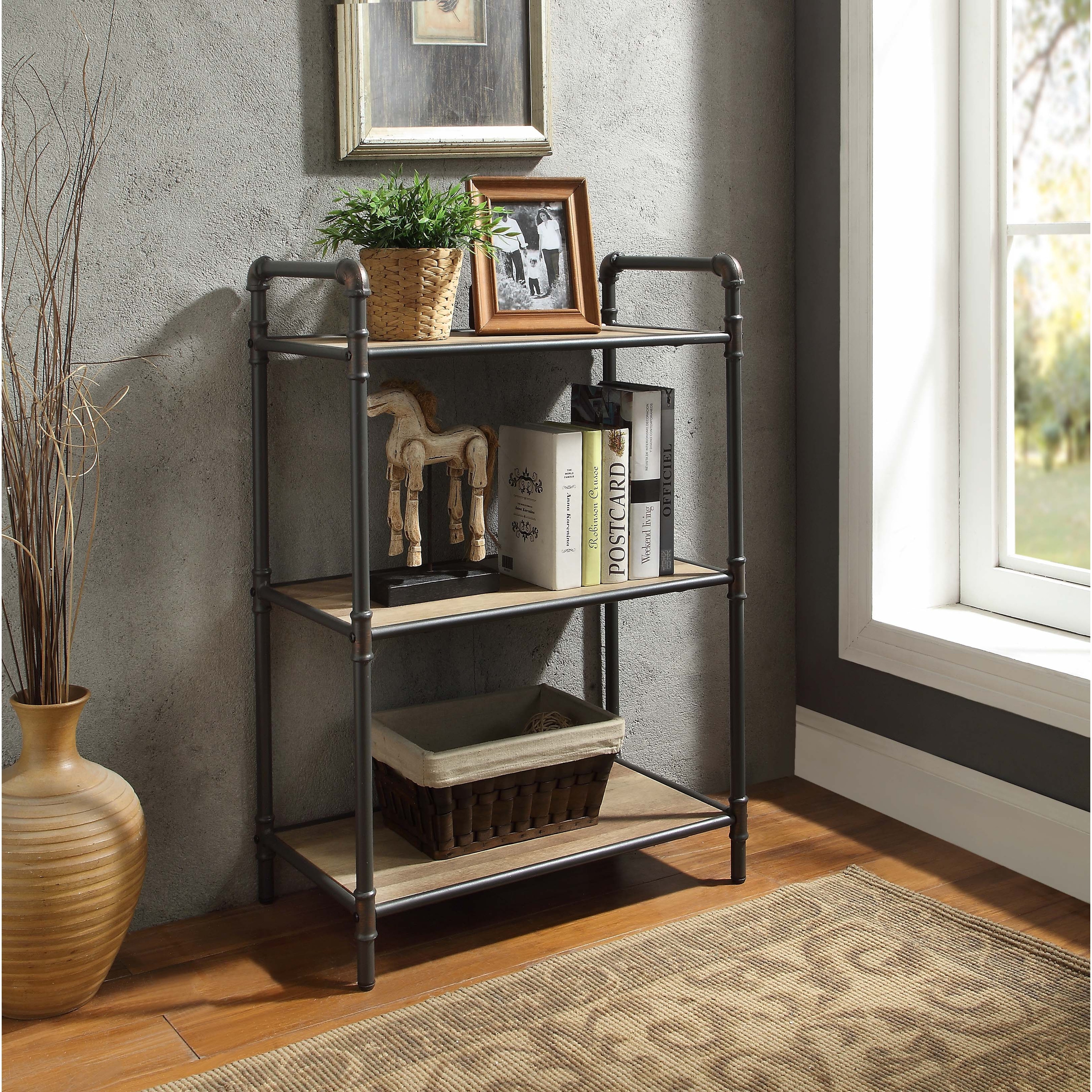 Vendone Antique Oak and Sandy Grey 3-tier Bookcase