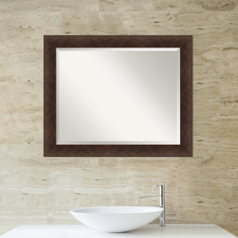 Warm Walnut Beveled Wood Framed Bathroom Vanity Wall Mirror - Warm Walnut