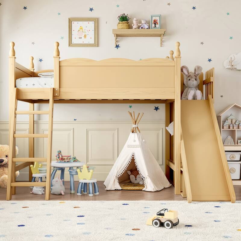 Twin Loft Bed with Storage Shelves and Wardrobe, Solid Wood Loft Beds with Detachable Slide and Ladders, No Spring Box Needed - Natural