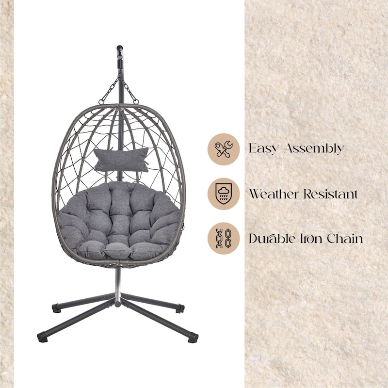Summit Hanging Egg Swing Chair with Foldable Shell for Patio Balcony Backyard Garden Porch Home Office