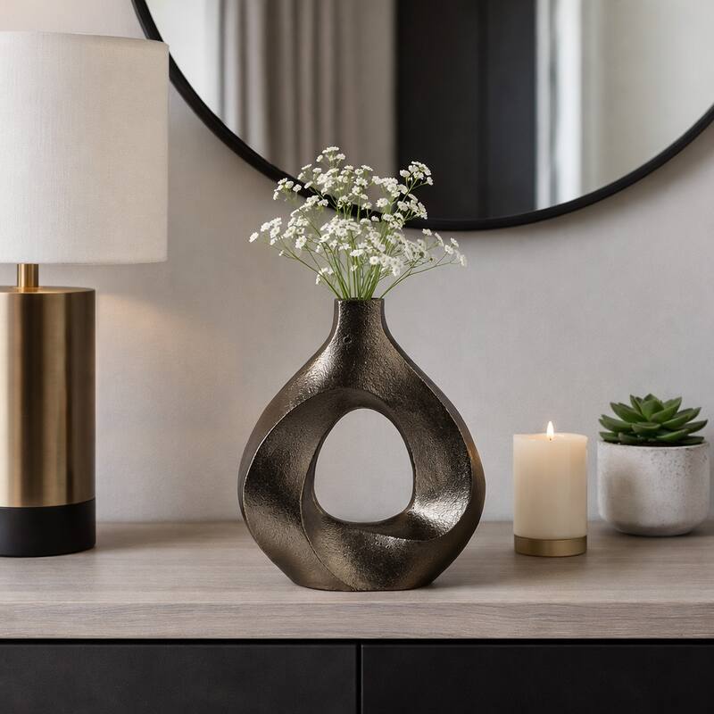 Artistic Metal Swirl Vase with Cut Out Center - Sculptural Flower Vase