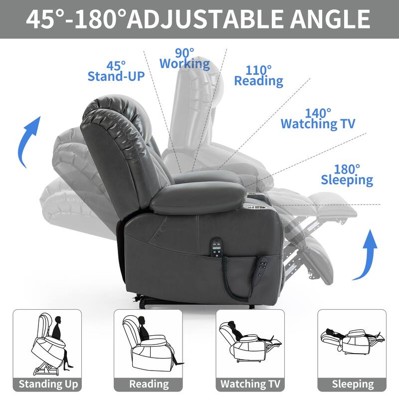 Oversized Faux Leather Power Lift Recliner with Massage & Heating