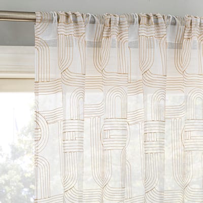 No. 918 Kaz Embroidered Retro Curves Sheer Rod Pocket Curtain Panel, Single Panel