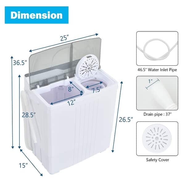 Twin Tub Portable Washing Machine with Timer Control and Drain Pump for Apartment - 25 x 15 x 28.5 (L x W x H) - White/Grey