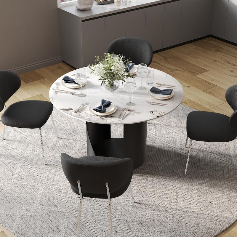 White Round Sintered Stone Dining Table with Matte Black Sandblasted Texture Base