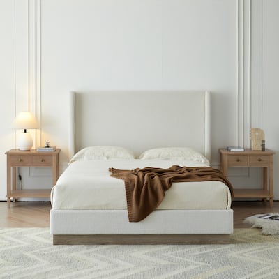Upholstered Wingback Bed / Upholstered Wood Base Platform Bed / 53.1" High Headboard / No Box Spring Needed / King