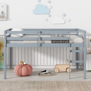 Solid Rubber Wooden Twin Loft Bed with Ladder and Strengthened Slats
