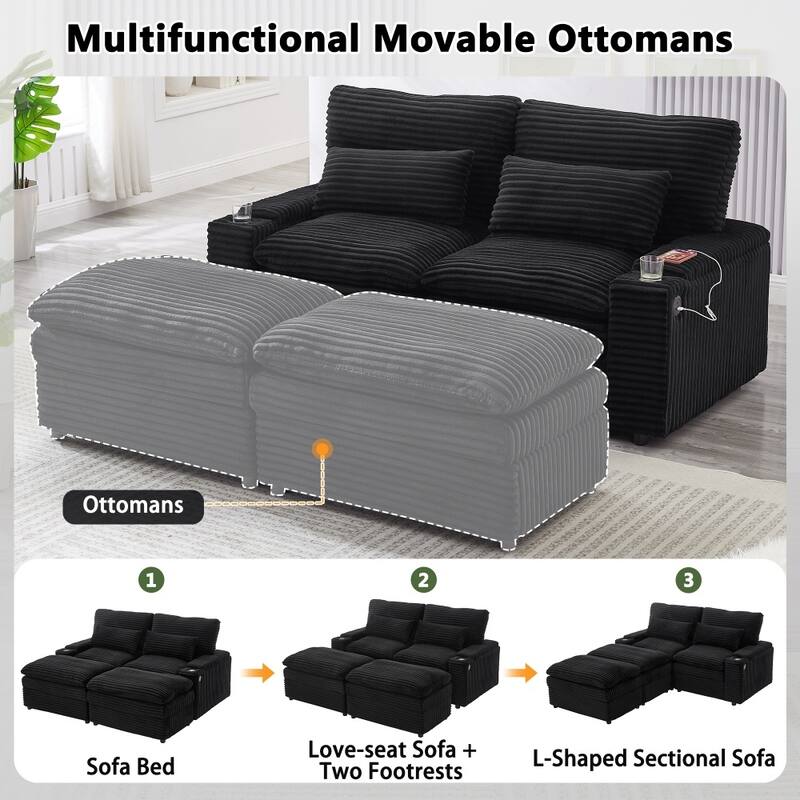 70.9" Loveseat Sectional Convertible Sofa with Ottomans and Storage Space, USB Ports