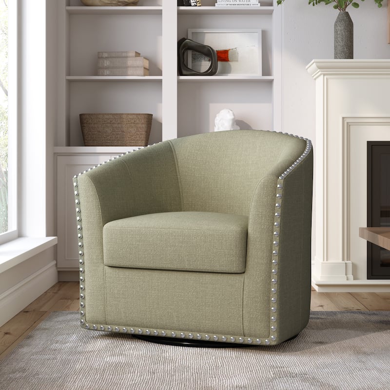 Modern Nailhead Upholstered Linen Swivel Accent Chair - LIght Camel