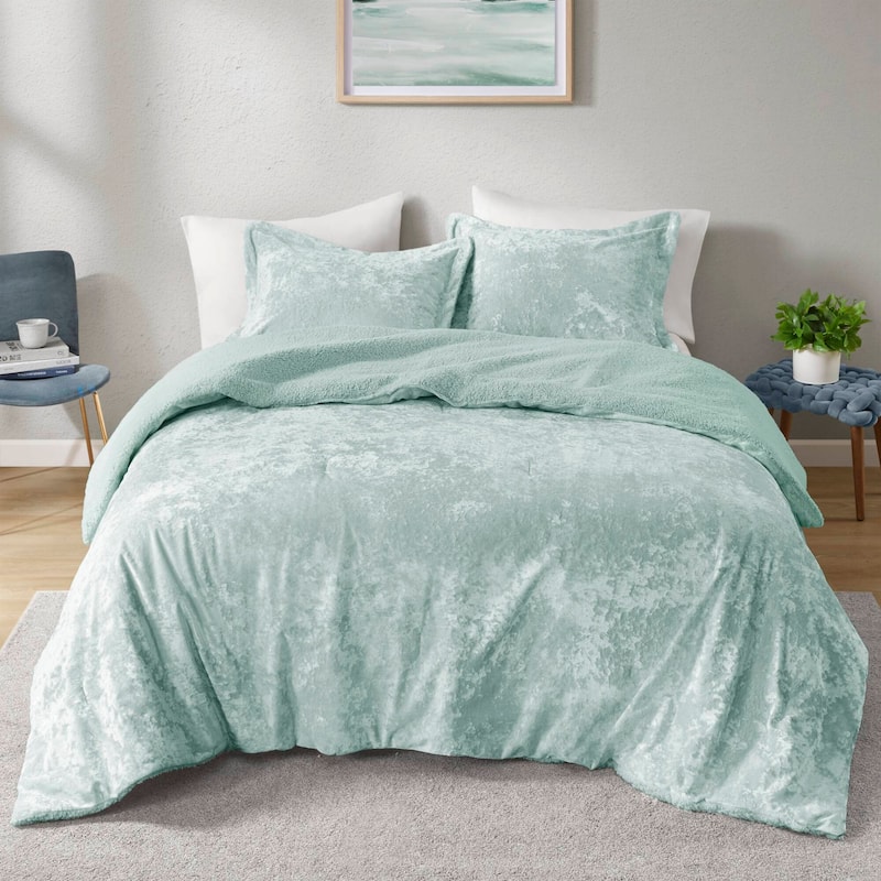 GDF Studio - Arya Crushed Velvet Sherpa Reversible Comforter Set - Aqua (Full/Queen)