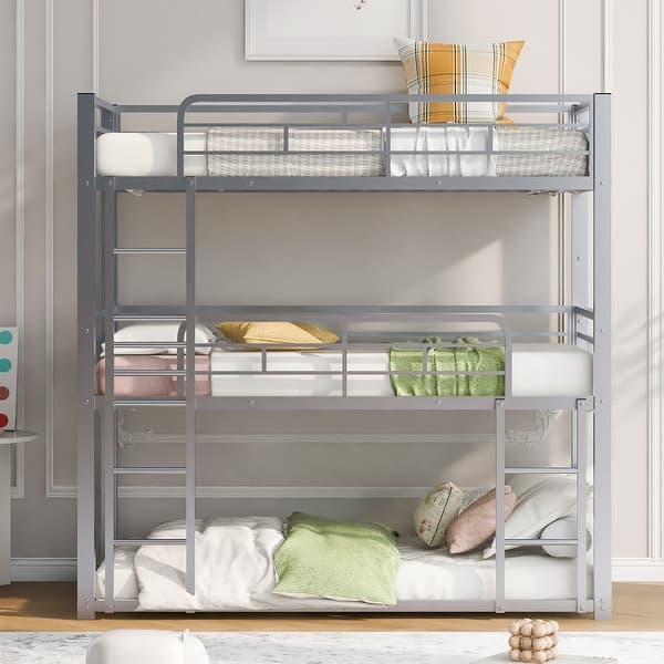 slide 2 of 8, Twin Heavy Duty Triple Bunk Bed, Metal 3 Bunk Bed with 2 Ladder & Guardrail, Twin Triple Bunk Bed for Kids, Teens, Adults,Silver Silver - Twin