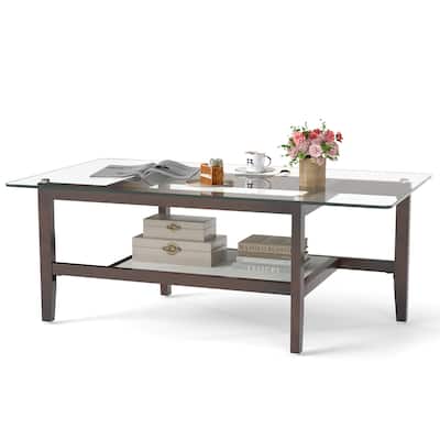 Gymax 2-Tier Glass Coffee Table w/ Storage Shelf Solid Rubber Wood