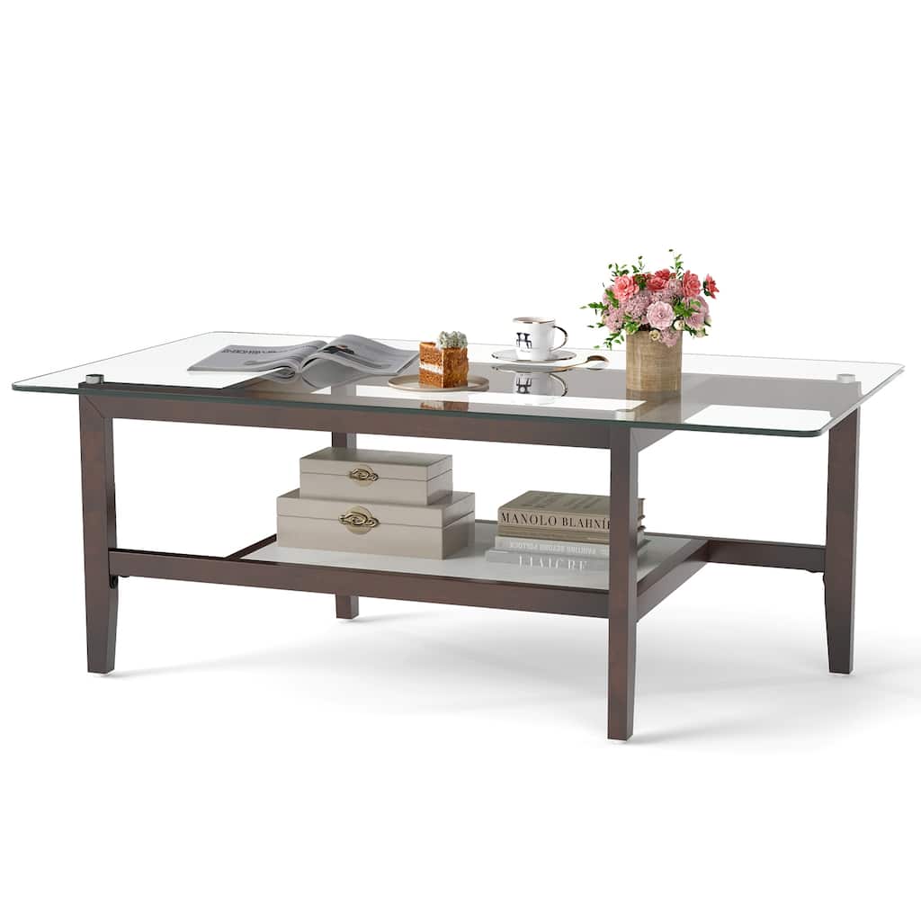 Gymax 2-Tier Glass Coffee Table w/ Storage Shelf Solid Rubber Wood