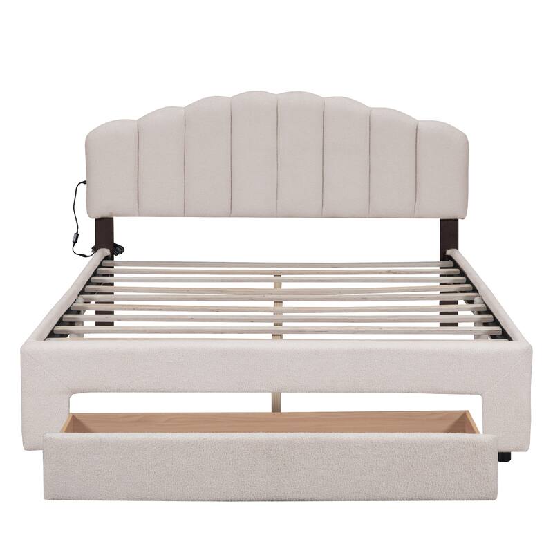 Queen Size Teddy Fleece Upholstered Platform Bed with LED Lights & USB Ports, Beige