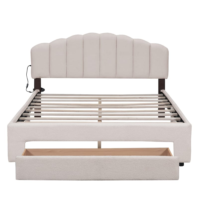 Queen Size Teddy Fleece Upholstered Platform Bed with Storage Drawer, USB Ports, and LED Lights