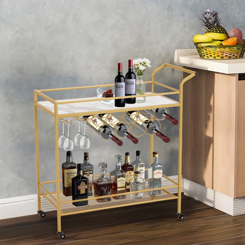 EROMMY Gold Bar Cart with Wheels, Rolling Liquor Cart with Wine Rack and Glass Holder, Modern Bar Trolley for Home Kitchen. - Hollow-Out Base—Big