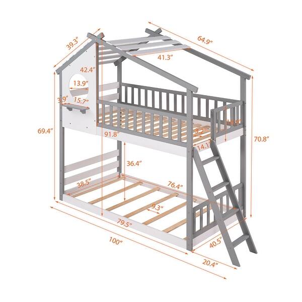 Twin over Twin Size Solid Wood Bunk Bed Wood Bed with Roof, Window, Ladder