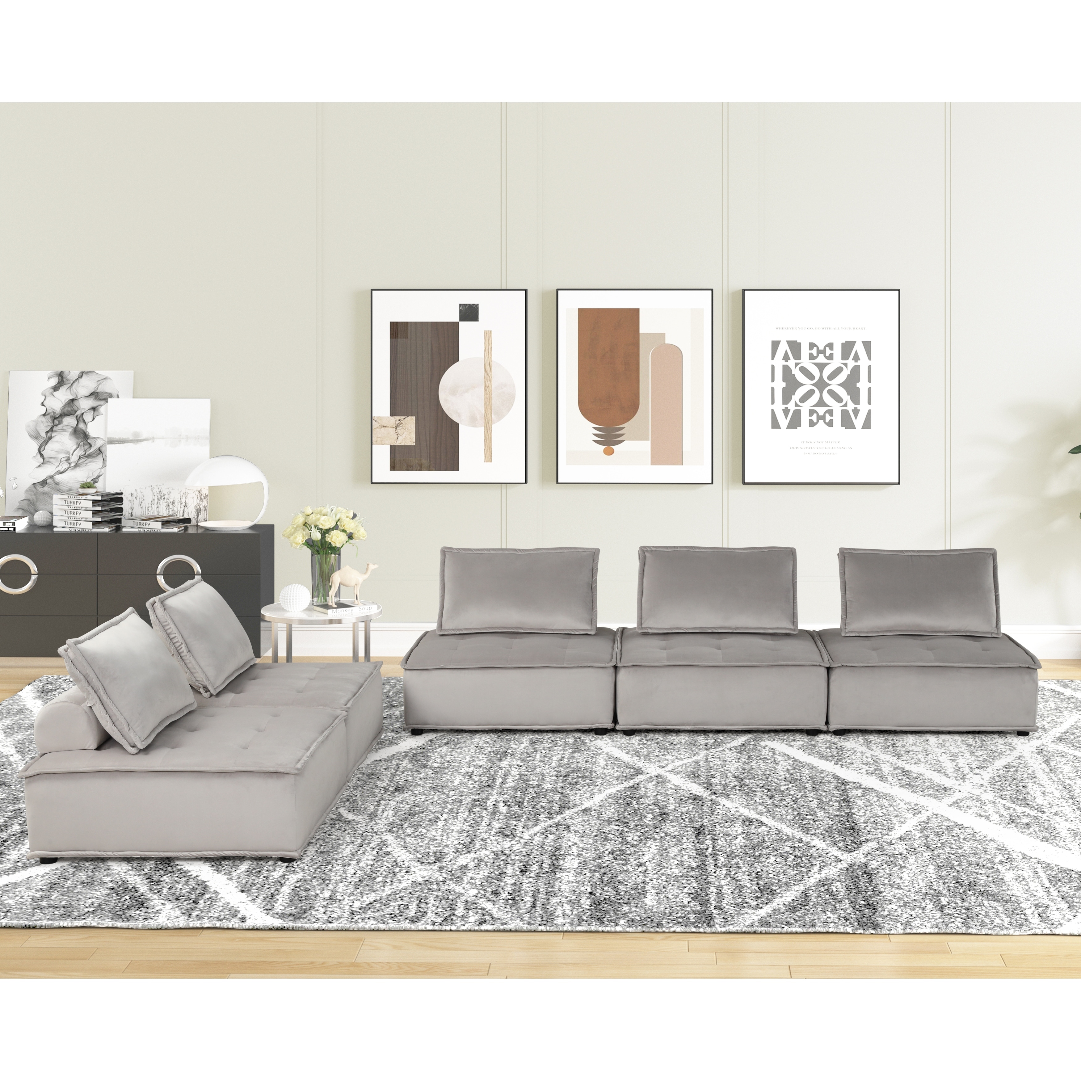 5 Seater Velvet Upholstered Modular Sofa Living Room Tufted
