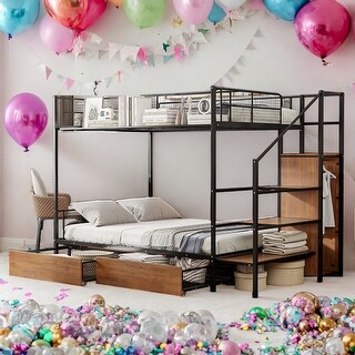 Twin Over Full Bunk Bed with Wardrobe and Storage