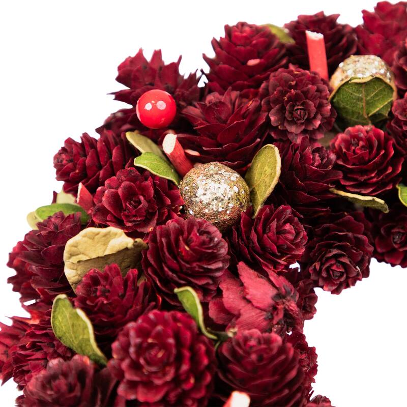 Red Gold Pine Cone Ornament Artificial Christmas Wreath, 9.5", Unlit