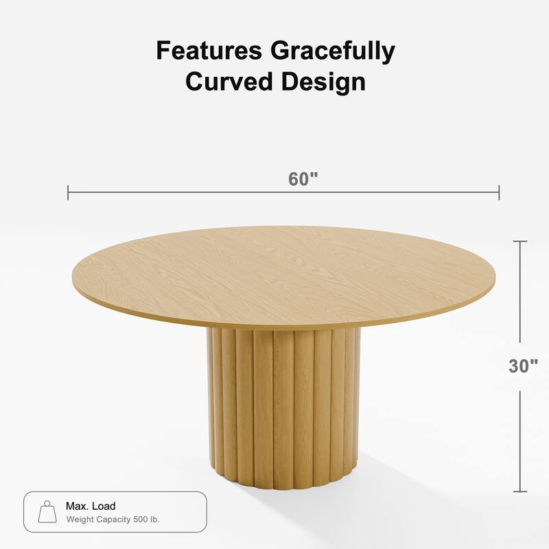 Solid Wood Round Dining Table Kitchen Table with Tabletop & Textured Cylindrical Base