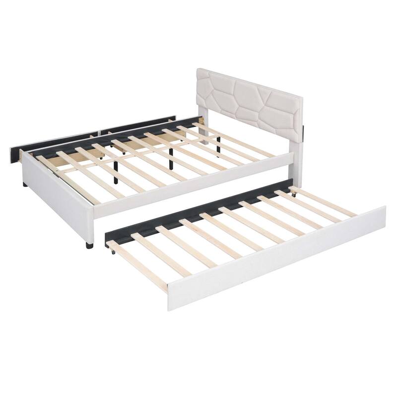 Platform Bed with Brick Pattern Headboard, Trundle & 2 Drawers