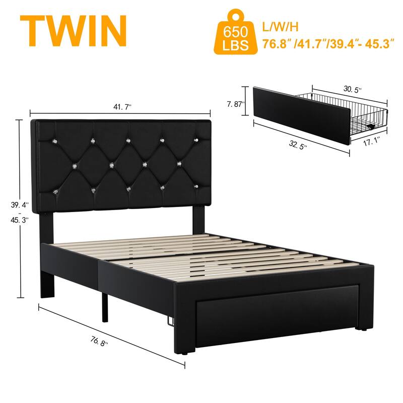 VECELO Bed Frame with Storage Drawers, Leather Upholstered with Diamond Tufted Headboard, Solid Wood Slat Support