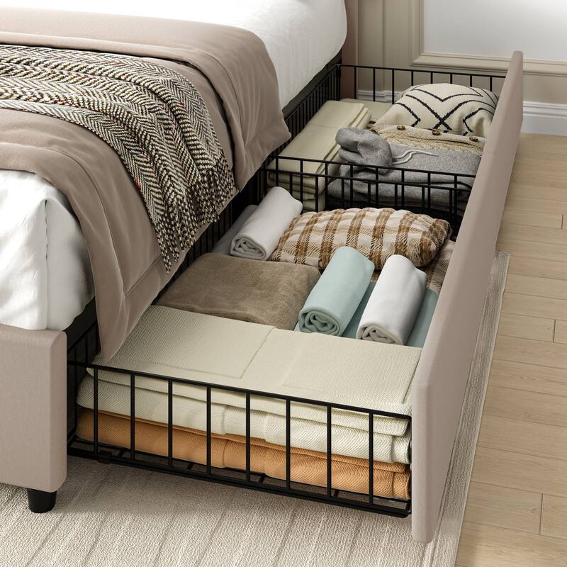 VECELO Upholstered Storage Bed Frames with Charging Stations and 4 Rolling Drawers on Both Sides Vertical Stripe Design
