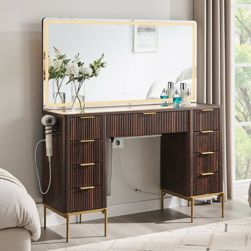 Modern Fluted Makeup Vanity Desk with Mirror, Lights, Charging Station - Walnut