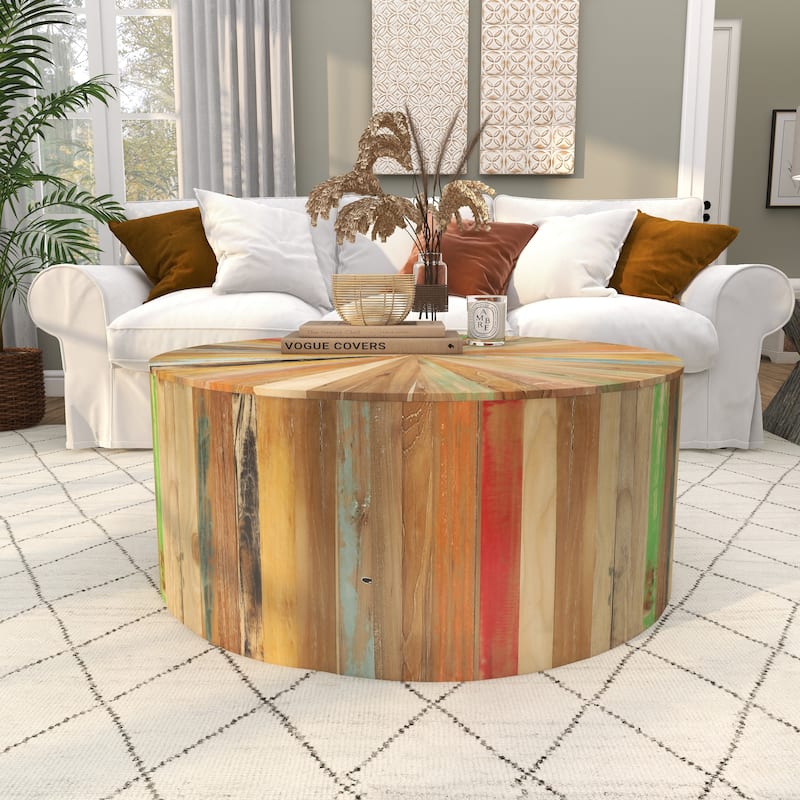 Brown Reclaimed Wood Handmade Pinwheel Drum Geometric Coffee Table with Colorful Painted Accents