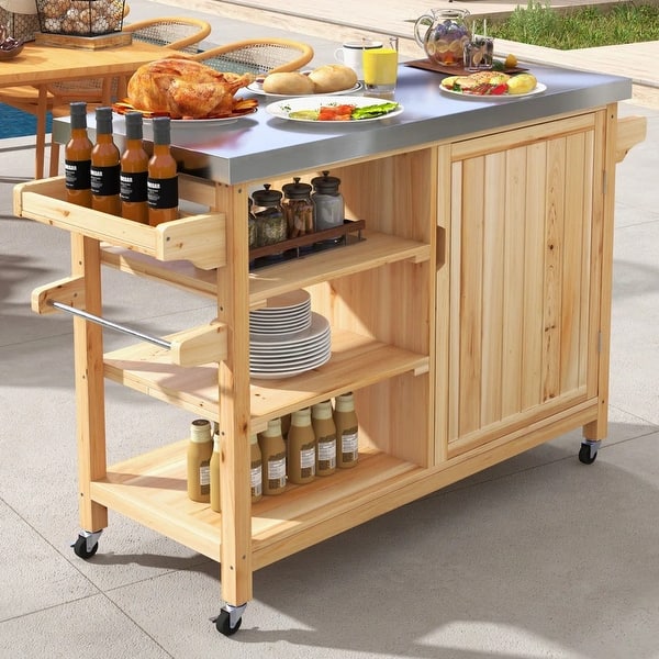 slide 2 of 16, Moasis Solid Wood Bar Cart Grill Table Stainless Steel Top for Patio Kitchen Island