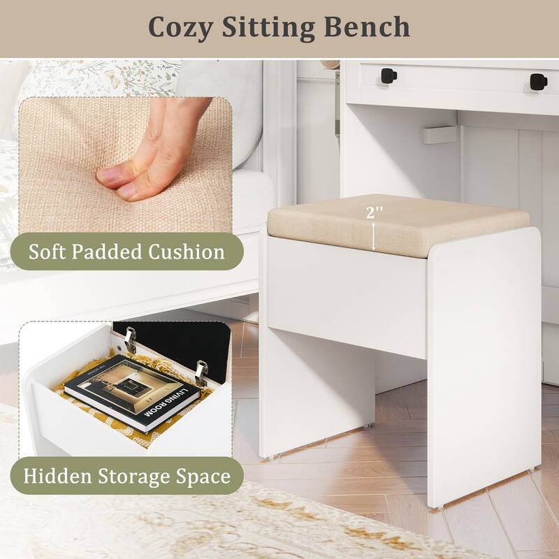 Gymax Farmhouse Vanity Set w/ Mirror and Lights Dressing Table & Chair