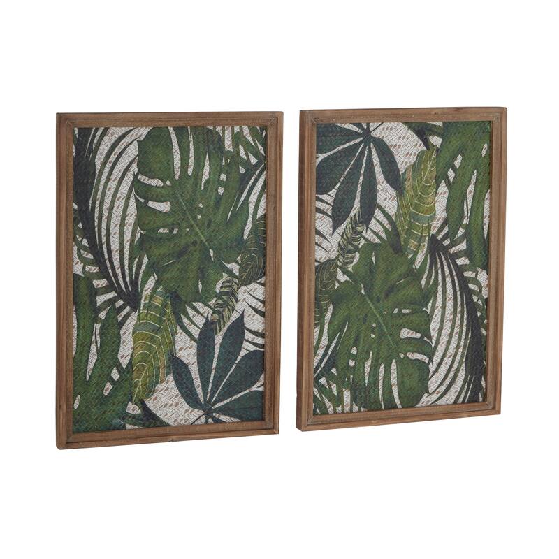 Green Wood Tropical Leaf Home Wall Decor with Brown Frame (Set of 2)