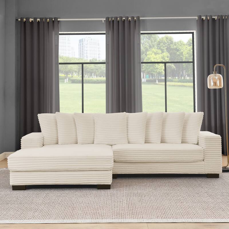 Roomfitters Corduroy Tufted Upholstered Sleeper Sectional Sofa, L-Shape Modular Convertible Sofa with Adjustable Footrests