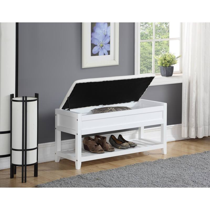 Elegant Upholstered Seat Shoe Bench with Open Shelves, Storage Bench with Flipping Lid, Entryway Footrest Bench - White