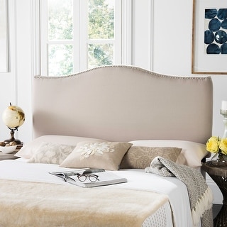 SAFAVIEH Jeneve Taupe Linen Upholstered Camelback Headboard - Silver Nailhead (Queen)